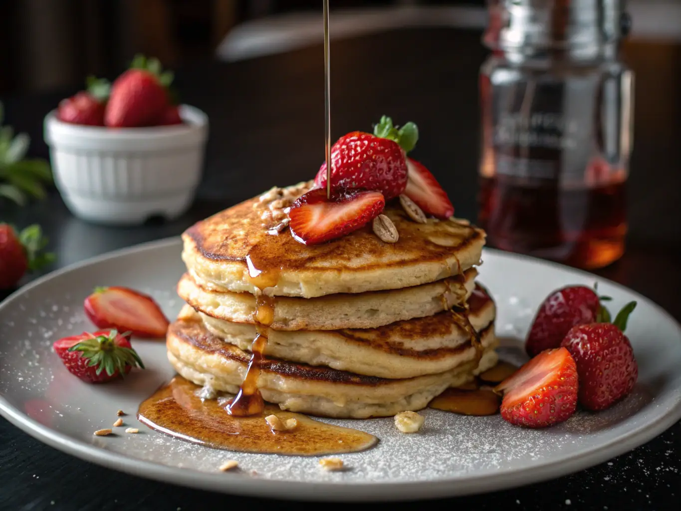 An enticing image of La Comuna's 'Ocean View Pancakes, ' stacked high and drizzled with maple syrup, topped with fresh berries and a dusting of powdered sugar, with the El Palmar beach in the background.