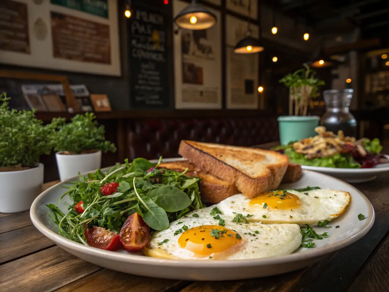 A close-up shot of La Comuna's 'Surfside Benedict, ' showcasing perfectly poached eggs, crispy bacon, and a creamy hollandaise sauce, served on a toasted artisan bread with a side of fresh avocado.