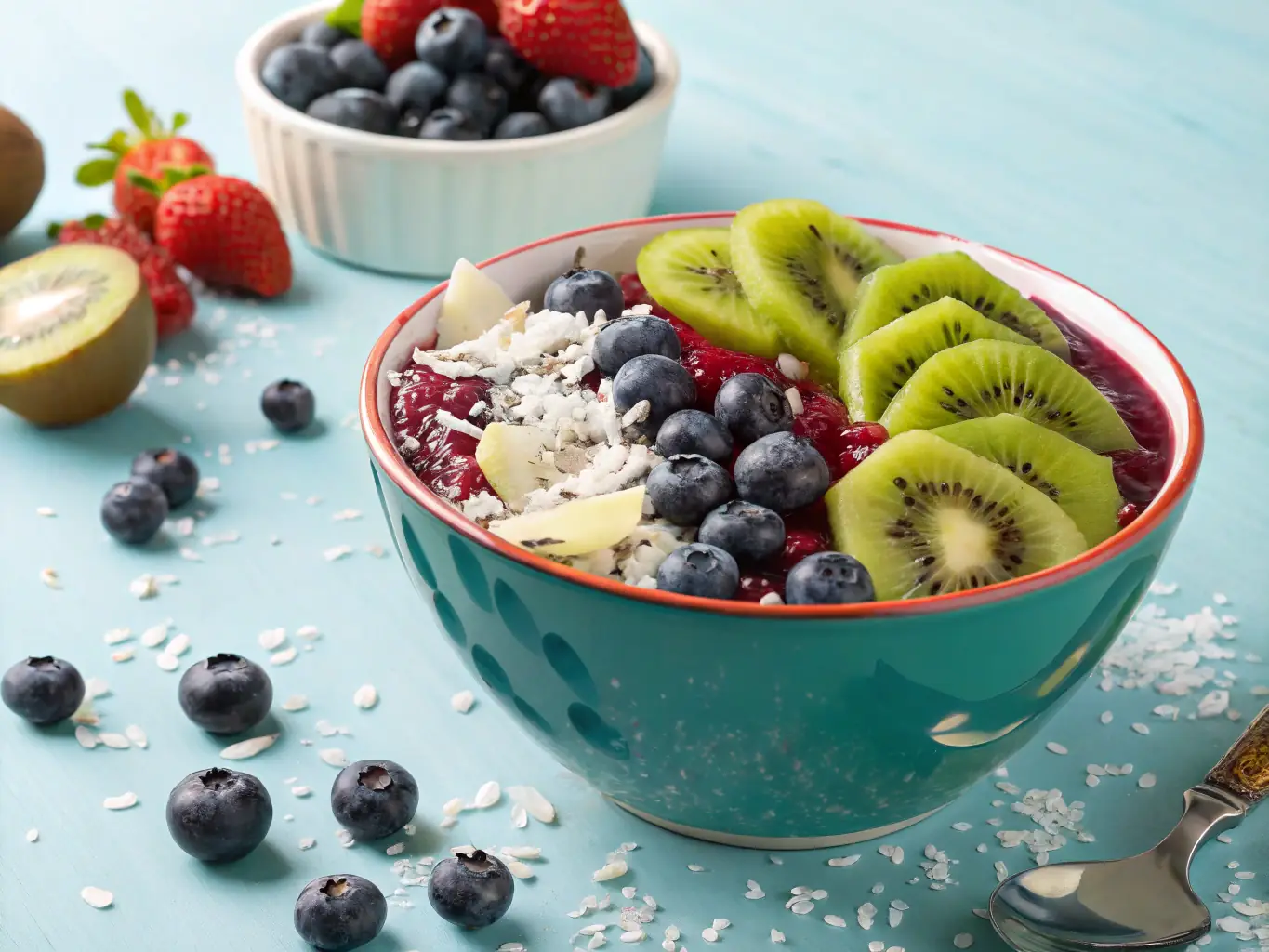 A vibrant image of La Comuna's 'El Palmar Sunrise Bowl, ' featuring layers of fresh fruit, granola, and a drizzle of local honey, served in a coconut shell with the ocean visible in the background.
